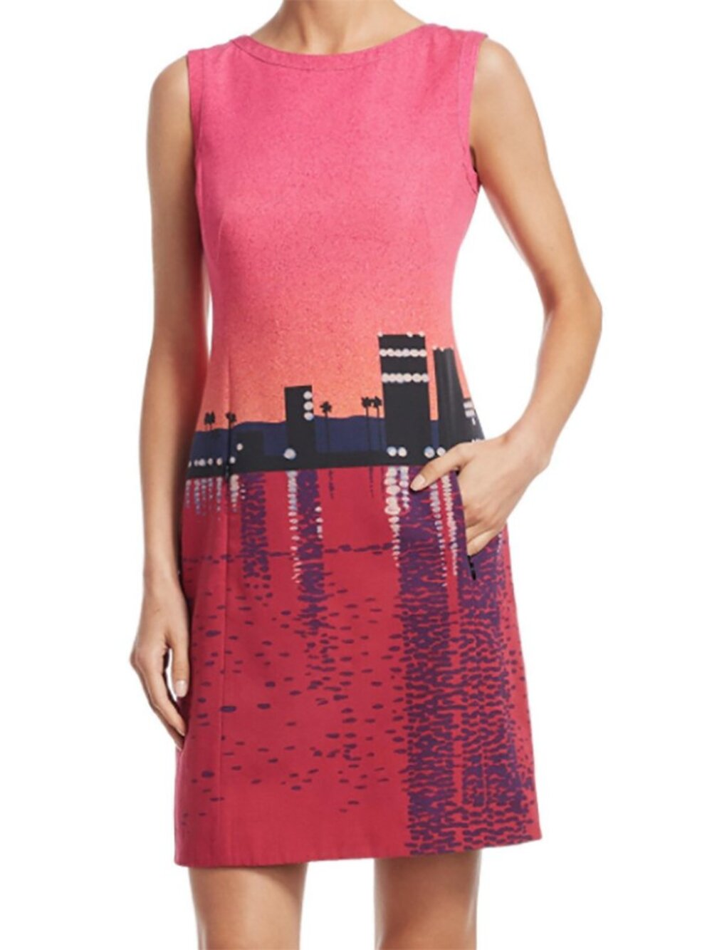 Akris Punto Sunset City Print Dress A-Line Cotton Pink Red Skyline Sheath 10